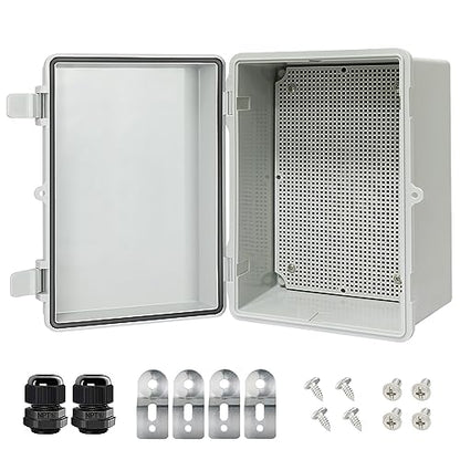 Junction Box IP65 Waterproof Electrical Box Outdoor ABS Plastic Project Box Hinged Shell Universal Enclosure Box with Mounting Plate, Wall Brackets, Cable Glands 11.4" x 7.5" x 5.5" - color: Grey, size: 11.4" x 7.5" x 5.5"