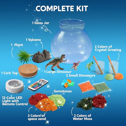Klever Kits JOVA Make Your Own Dinosaur Crystal Terrarium Crafts Kit for Kids-Crystal Growing Science 12 Color LED Night Light Birthday Gifts Toys for Kids