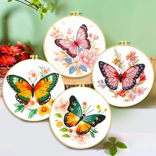 Zhenqing 4 Butterfly Floral Cross Stitch Kit, 11CT Printed Fabric with Hoop - color: 4 Butterfly Kit