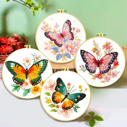 Zhenqing 4 Butterfly Floral Cross Stitch Kit, 11CT Printed Fabric with Hoop - color: 4 Butterfly Kit