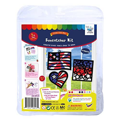 VHALE Suncatchers Craft 3 Sets (9 Cutouts) w Tissue Papers Stained Glass Effect Paper Sun Catcher Kit, Window Art, Classroom Crafts, Kids Party Favors (Patriotic, Independence Day) - style: Patriotic
