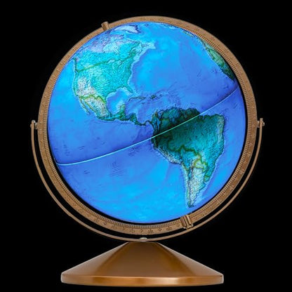 Treasury 12" Diameter Blue Illuminated Globe, USA Cartography, Convertible to Desktop with Sturdy Metal Base and Hand Turned Hard Wood Stand.This economical 12” floor model stands 32” high on a durable metal base and attractive wooden pedestal. Easily con