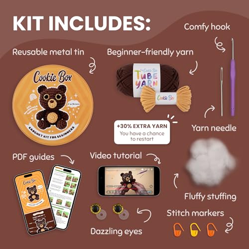 Cookie Box Crochet Kit for Beginners, Bear Bruno - color: Brown