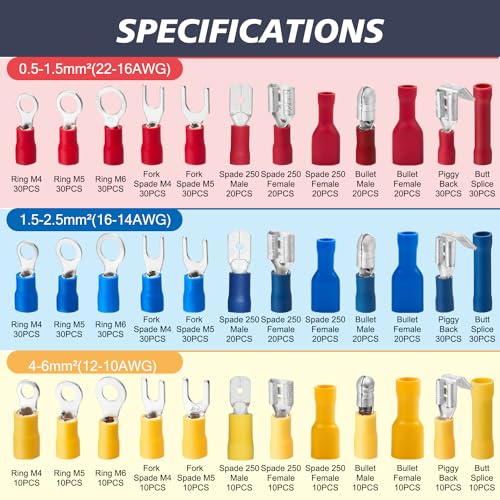 Chanzon Insulated Crimp Connector Wire Terminal Kit (Butt Spade Fork Ring) - size: 720pcs