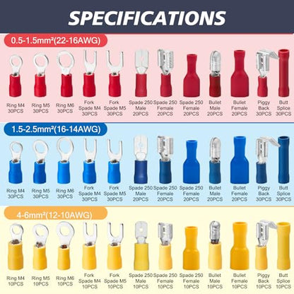 Chanzon Insulated Crimp Connector Wire Terminal Kit (Butt Spade Fork Ring) - size: 720pcs