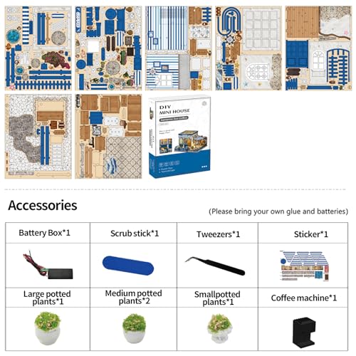 DIY Miniature Dollhouse Kit with Touch LED Light, 3D Wooden Puzzle Santorini Cafe Model, Creative Ocean Style Building Set, Arts and Crafts Gift for Adults (317 Pcs) - style: Mediterranean, Santorini Style