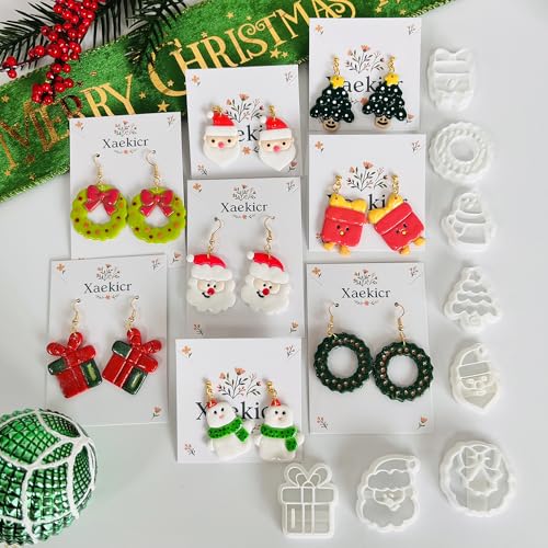 Xaekicr Christmas Polymer Clay Cutters Set – 8 Pcs Holiday Clay Earring Cutters for DIY Jewelry Making, Santa Tree Wreath Gifts – Clay Tools for Polymer Clay Molds Projects - color: 2C color