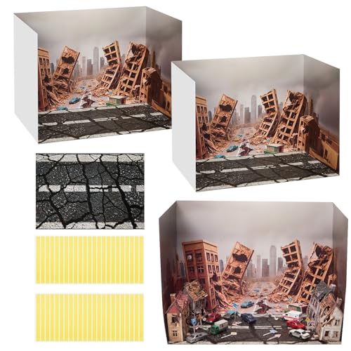 AmazingSpark 2 Set Earthquake Themed Diorama Box and Road Cracked Sticker Decor, Earthquake Diorama Project Supplies Set, Cardboard Display Case Kit & Card with Double Sided Tapes for DIY Crafts - style: Earthquake