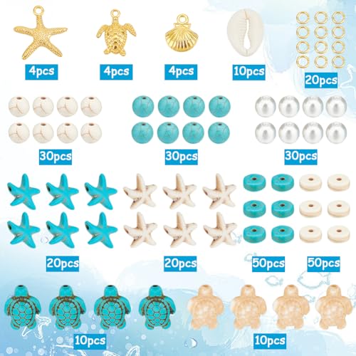 SUNNYCLUE 1 Box 292Pcs Sea Turtle Beads Seashell Starfish Beads Lucky Turquoise Spacers Ocean Summer Hawaii Sea Animal Shell Charms for Jewelry Making Beading Kits Women Adult Gift Supplies - color: Boho Styles Beads Kit-9