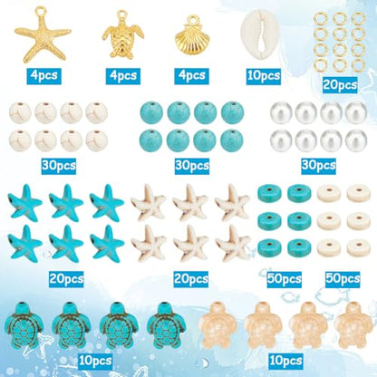 SUNNYCLUE 1 Box 292Pcs Sea Turtle Beads Seashell Starfish Beads Lucky Turquoise Spacers Ocean Summer Hawaii Sea Animal Shell Charms for Jewelry Making Beading Kits Women Adult Gift Supplies - color: Boho Styles Beads Kit-9