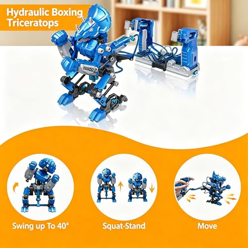 Hydraulic Boxing Bots Building Kit, 2 Dinosaur Robot Battle Toys with Real Hydraulic Power, STEM Building Toy for Boys Ages 8-12, Interactive Fighting Robots Gift