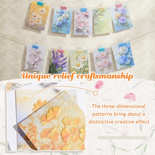 Humyoun 60 Sheets Scrapbook Paper Aesthetic Textured Fade Paper 3D Embossed Flower Plant Scrapbooking Supplies Decorative Bloom Floral Embossing Pad for Decoupage DIY Card Making Junk Journal