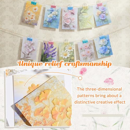 Humyoun 60 Sheets Scrapbook Paper Aesthetic Textured Fade Paper 3D Embossed Flower Plant Scrapbooking Supplies Decorative Bloom Floral Embossing Pad for Decoupage DIY Card Making Junk Journal