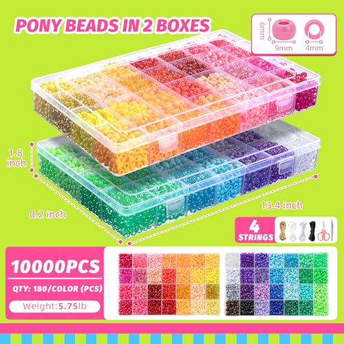 Simetufy 10000Pcs Pony Beads Bulk, 56 Colors 6x9MM Plastic Kandi Beads Kit for Crafts Bracelet Making Hair Braiding Jewelry Key Chains DIY Gifts, 5.74lb (2 Large Boxes) - color: 56colors-10080pcs