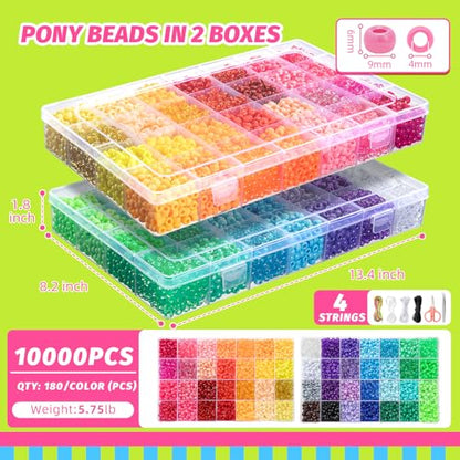 Simetufy 10000Pcs Pony Beads Bulk, 56 Colors 6x9MM Plastic Kandi Beads Kit for Crafts Bracelet Making Hair Braiding Jewelry Key Chains DIY Gifts, 5.74lb (2 Large Boxes) - color: 56colors-10080pcs