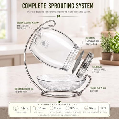 Premium Sprouting Jar Kit - Unique 30 oz Wide Mouth Sprouting Jar, Stand, Tray and 316 Stainless Screen Lid | Decorative Indoor Seed Sprouter and Germinator (1 Kit)