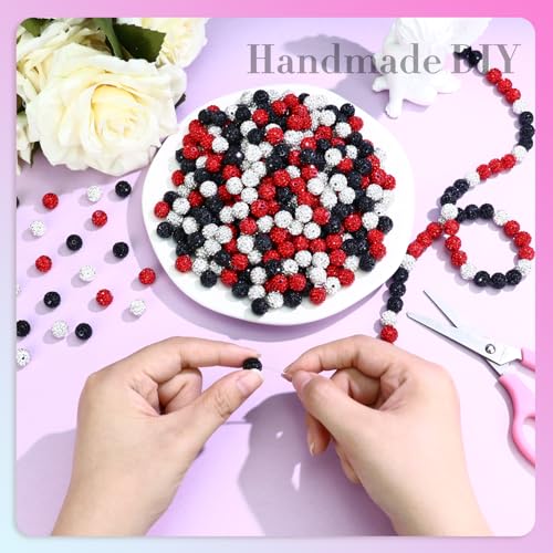 Dowarm 255PCS 10mm Rhinestone Beads for Baseball Rhinestone Necklace Bracelet Jewelry Making, Round Polymer Clay Beads for Crafts Beaded Pen, DIY Shamballa Pave Disco Diamond Bead, Black|Red|White - color: 08-Black | Red | White