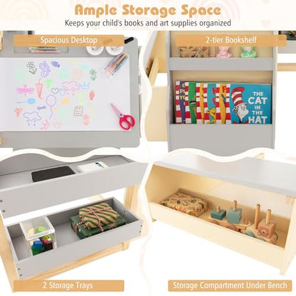 HONEY JOY Kids Art Easel, 6-in-1 Wooden Double-Sided Toddler Table & Chair Set w/Adjustable Magnetic White Board & Chalkboard, Paper Roll, Bookshelf, Storage, Kids Art Table and Chair (Gray) - style: Gray