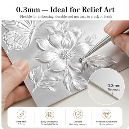Yaocom 22 Pcs Metal Embossing Kit for Beginners, 0.3mm Thick Aluminum Sheets with Embossing Tools, Stylus, Tracing Paper and Felt Pad, 8 x 12 Inch DIY Craft Set for Art, Frame Not Included