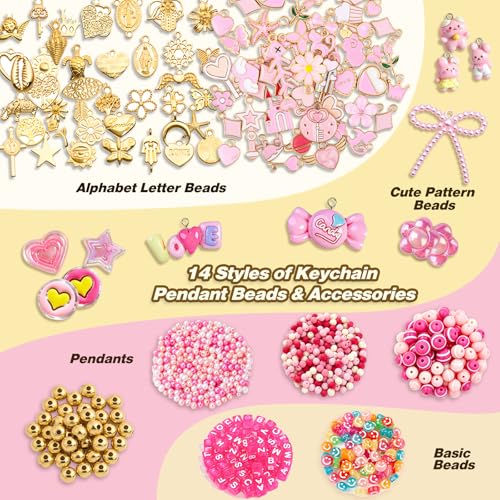 Ecoofor 707 Pcs Lip Gloss Beaded Keychain Making Kits, Pink DIY Bag Charm Kit, 78.8 Inch Chains, Key Chain Hooks, Jump Rings, Lobster Clasps, 452 Charms & Letter Beads, Tools & Gift Bags - color: Gold - 707 Pcs Kit