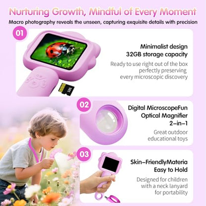 Microscope for Kids, Kids Microscope with Sample Slide, Educational Science Kit, Macro Fixed Focus Kid Mini Microscopes 500x Magnification, 32GB SD Card Include(Purple)