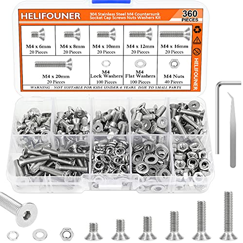 HELIFOUNER 360 Pieces M4 x 6mm /8mm /10mm /12mm /16mm /20mm, 304 Stainless Steel M4 Countersunk Socket Cap Screws Nuts Washers Kit - size: ['M4']