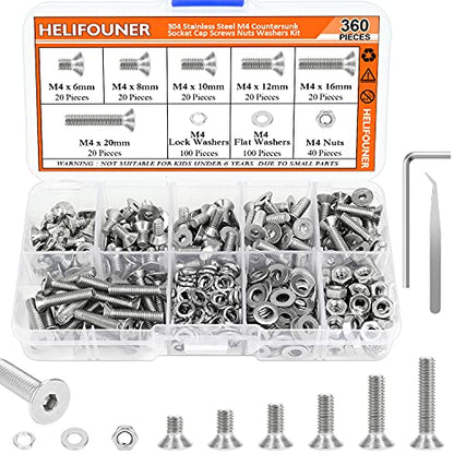 HELIFOUNER 360 Pieces M4 x 6mm /8mm /10mm /12mm /16mm /20mm, 304 Stainless Steel M4 Countersunk Socket Cap Screws Nuts Washers Kit - size: ['M4']
