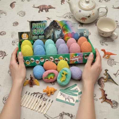 EXBEPE Dinosaur Eggs Excavation Dig Kit, 12 Fossilized Colorful Easter Dinosaur Egg with 12 Cards and 12 Dig Tools, Science Education STEM Toys for Boys & Girls Ages 3-12