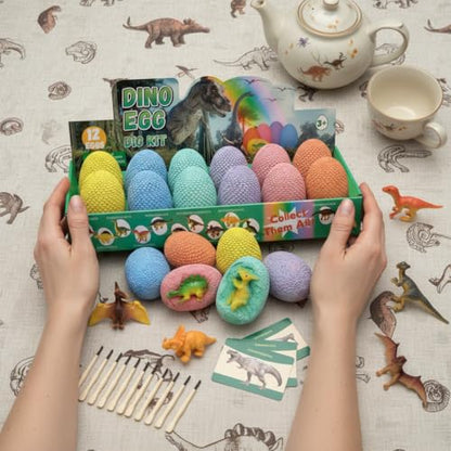 EXBEPE Dinosaur Eggs Excavation Dig Kit, 12 Fossilized Colorful Easter Dinosaur Egg with 12 Cards and 12 Dig Tools, Science Education STEM Toys for Boys & Girls Ages 3-12