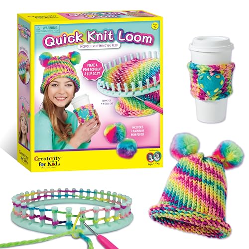 Creativity for Kids Quick Knit Loom Kit - Knitting Kit for Kids, Make Your Own Pom Pom Hat and Accessories, Knitting Loom Crafts for Kids - style: Hat & Cup Cozy