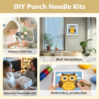 Doodlream Owl Bird DIY Punch Needle Embroidery Kit for Adult Beginner, 9.4" Cartoon Animal Punch Stitching Craft Set for Starter with Frame, Fabric Pattern, Threader, Yarn, Pinch Needle - color: Owl