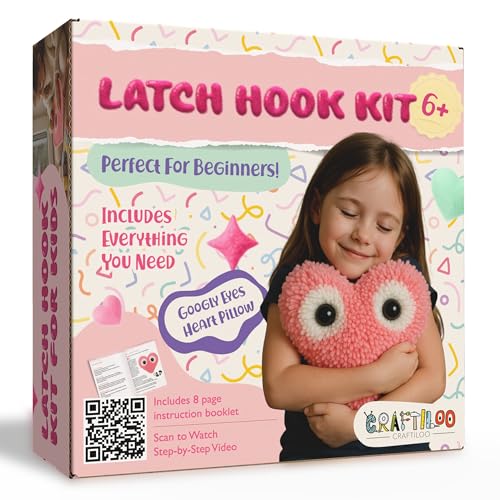 Latch Hook Kit for Kids - Googly Eyes Heart Rug Pillow Craft, Ages 6+ - style: Googly Heart Pillow