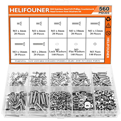 HELIFOUNER 560 Pieces M3 x 4mm /6mm /8mm /10mm /12mm /16mm /20mm, Phillips Countersunk Head Machine Screws, Metric Screws Bolts Washers Nuts Kit, 304 Stainless Steel - size: M3, style: Phillips Countersunk Head