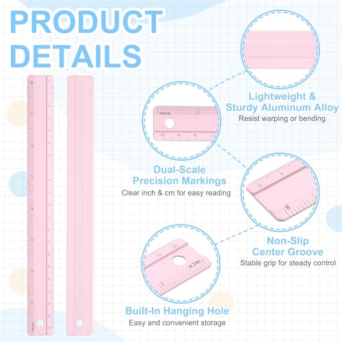 PATIKIL Metal Ruler 8 Inch/20cm, 4 Pcs Aluminum Straight Edge Ruler, Dual Scale Measuring Tool with Inch/Centimeter Scales & Hole for Math Office Drawing Engineering Home, Pink/Yellow - color: Pink/Yellow