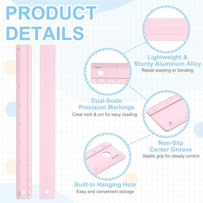 PATIKIL Metal Ruler 8 Inch/20cm, 4 Pcs Aluminum Straight Edge Ruler, Dual Scale Measuring Tool with Inch/Centimeter Scales & Hole for Math Office Drawing Engineering Home, Pink/Yellow - color: Pink/Yellow