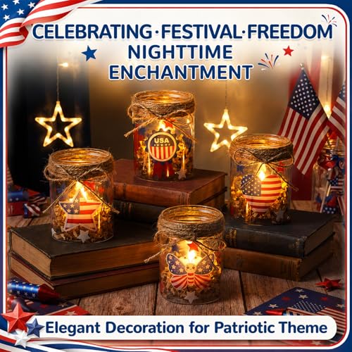 24 Sets 4th of July DIY Craft Kits Patriotic Plastic Mason Jar Making Craft Gifts Bulk American Flag Table Centerpieces 250th Independence Day Decoration for Anniversary Classroom Activities - style: Flag