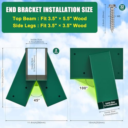 BeneLabel A-Frame Swing Set Brackets 2 Pcs Heavy Duty Swing Set Hardware with Swing Hangers & Mounting Hardware DIY Swing Set End Bracket Swing Set Kit for 4 (4x4) Legs & 1 (4x6) Beam Green - color: Both Ends Brackets With Black Swing Hanger