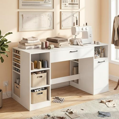 COSTWAY Sewing Machine Table with Power Outlets, Massive Storage (White) - color: White