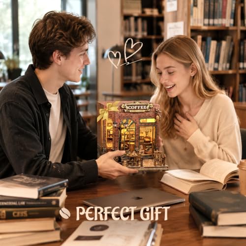 Coffee Shop Book Nook Kit DIY Miniature House with LED Lights, 3D Wooden Puzzle Bookshelf Insert for Adults, Double Door Mini Dollhouse Building Kit, Creative Home Decor Gift for Women & Men - style: Coffee Shop