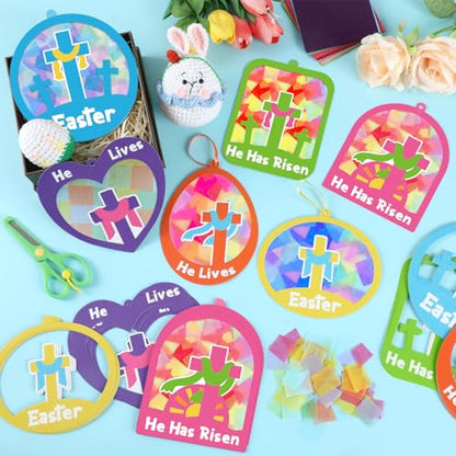 Qyeahkj 36 Set Easter Suncatchers Crafts for DIY Resurrection Church Window Tissue Paper Crafts Kit He is Risen Hanging Decor for Religious Cross Home Activity Art Project Favor Gift - style: Easter