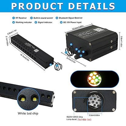 AMKI 16W 450pcs 0.03in 9.8ft Starlight Headliner Kit Twinkle+Sound Activated,Pure White Meteor Shooting Star APP/Remote Control RGBW Fiber Optic Starlight Box for Car Home Star Ceiling Decor - size: 546pcs*0.03in*9.8ft