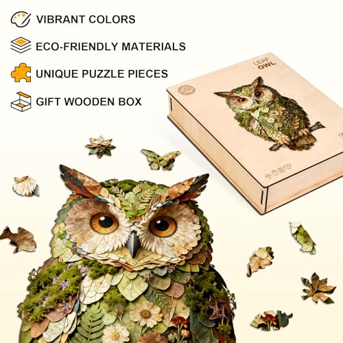 Wooden Puzzles for Adults, 8.9 × 5 in 70 pcs Leaf Owl Wood Puzzles - color: Leaf Owl, size: Small