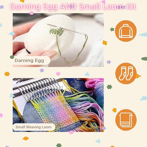 Darning Egg - Mini Darning Loom, Darning Egg Weaving Tool Set with Small Weaving Loom Kit with 14 Pcs Large Eye Needles 50 Colors Darning Thread for Handcraft DIY Weaving Repair Tool