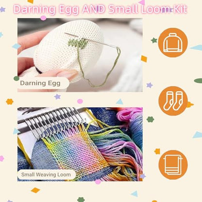 Darning Egg - Mini Darning Loom, Darning Egg Weaving Tool Set with Small Weaving Loom Kit with 14 Pcs Large Eye Needles 50 Colors Darning Thread for Handcraft DIY Weaving Repair Tool