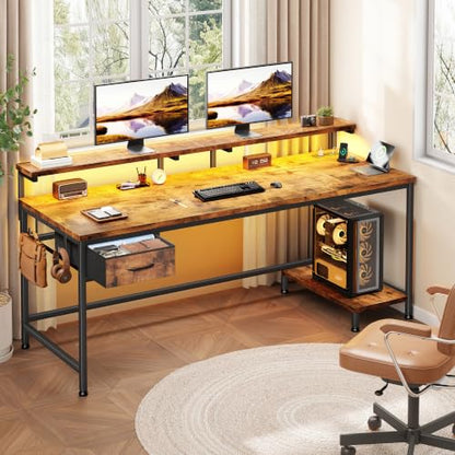 DurayLoly 55" Office Desk with Power Outlet & Fabric Drawer,Rustic Brown - color: Rustic Brown, size: 55 IN
