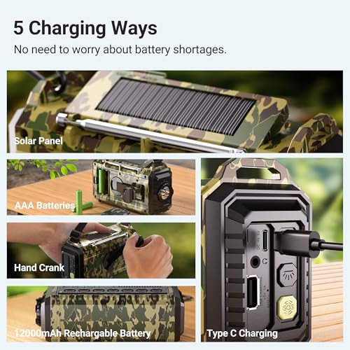 Emergency Radio 12000mAh, Auto Digital Weather Radio Portable AM FM SW NOAA - color: Camo Green