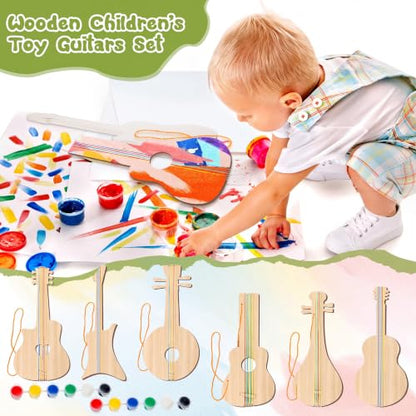 Syhood 36 Pcs 18 Sets DIY Wood Guitar (6 Difference Designs) with Pigments (6 Colors), DIY Wood Instruments Gift for Crafts Art Birthday Music Theme Party(Classic Style) - style: Classic Style