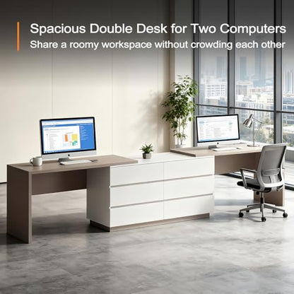 144" Extra Long L-Shaped Double Desk with 6 Dust Proof Drawers for 2 People Study Workstation, Dual Computer Desk Corner Desk for Home Office Bedroom, White Khaki, 102.36-144.26"