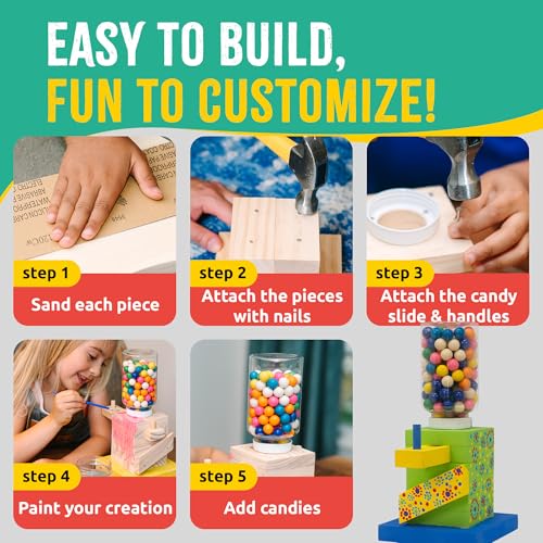 SparkJump Candy Dispenser Woodworking Kit – Complete STEM Building Kit for Kids with FSC-Certified Wood, Paints & Tools, DIY Gumball Machine Craft for Boys & Girls, Ages 6+