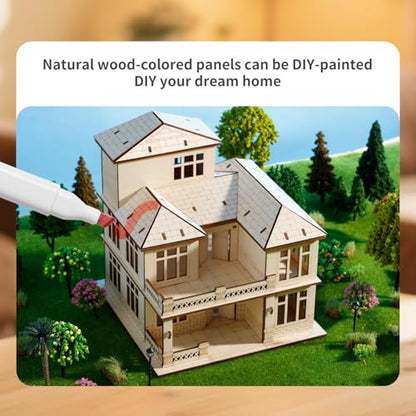 3D Wooden Puzzle for Adults, DIY Miniature Courtyard Villa House Building - color: Courtyard Villa Wood Color 05